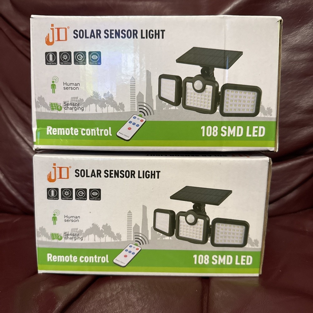 (2)JD-2757 Solar Motion Sensor LED Flood Light Outdoor Remote Control Black USA